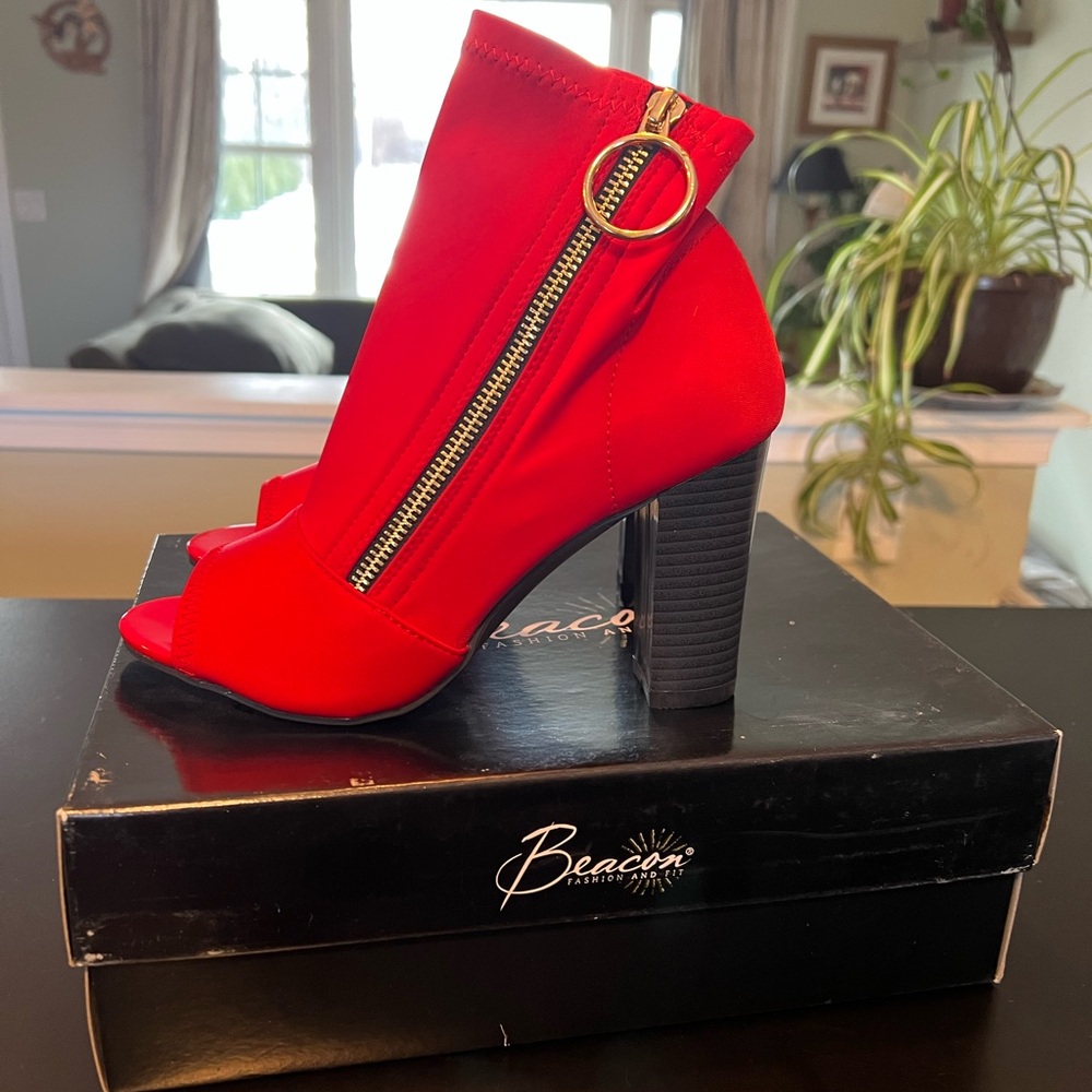 Beacon Red Heeled Boots with Chunky Heel and Platform